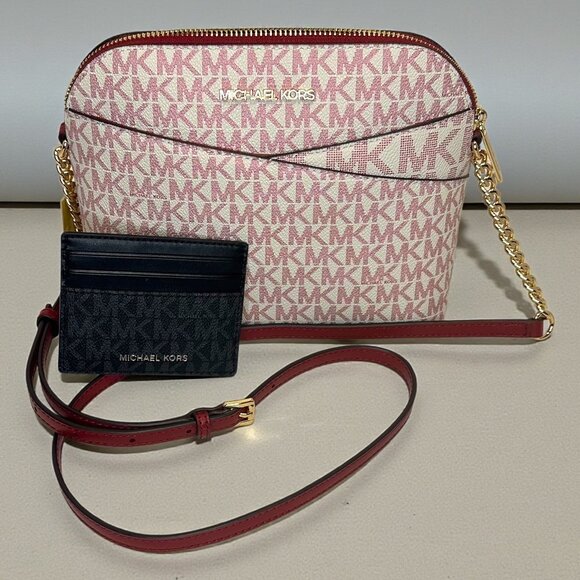 Michael Kors Jet Set Travel Medium Signature Logo Dome Crossbody Bag in Cherry - Picture 1 of 7